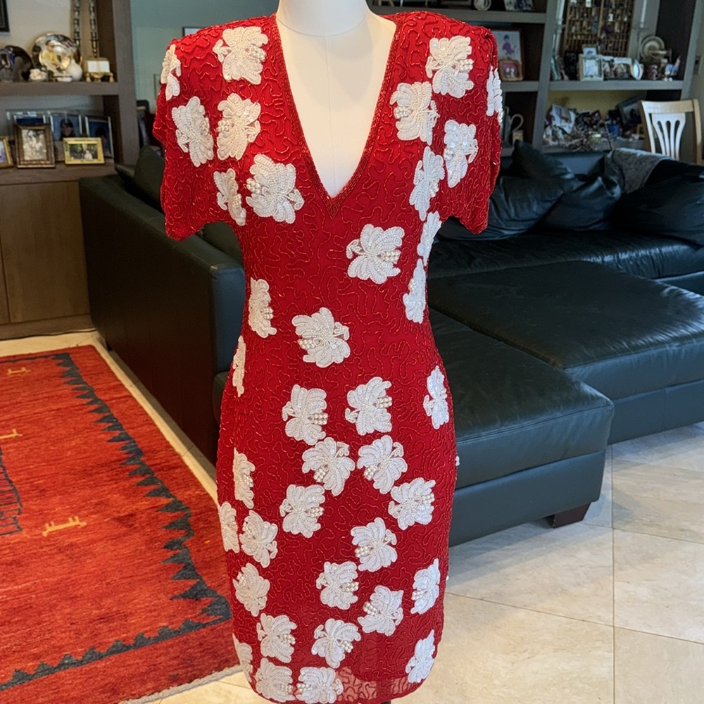 Vintage red fully beaded cocktail dress